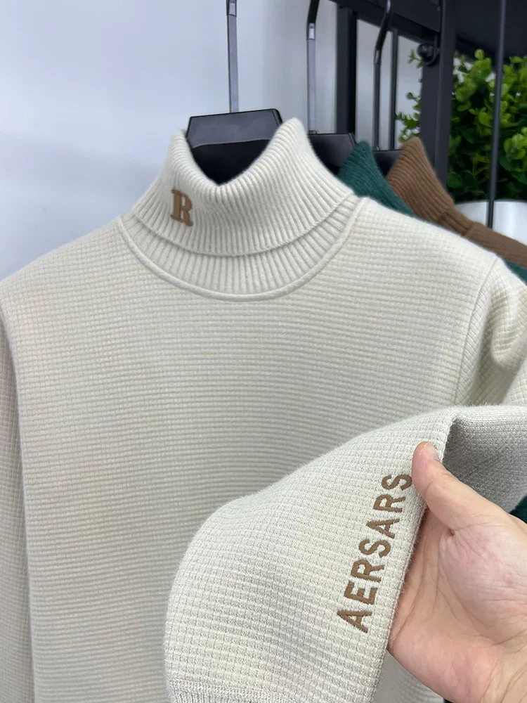 Мужской пуловер из шерсти с вышивкой бархатный свитшот высоким воротом толстый