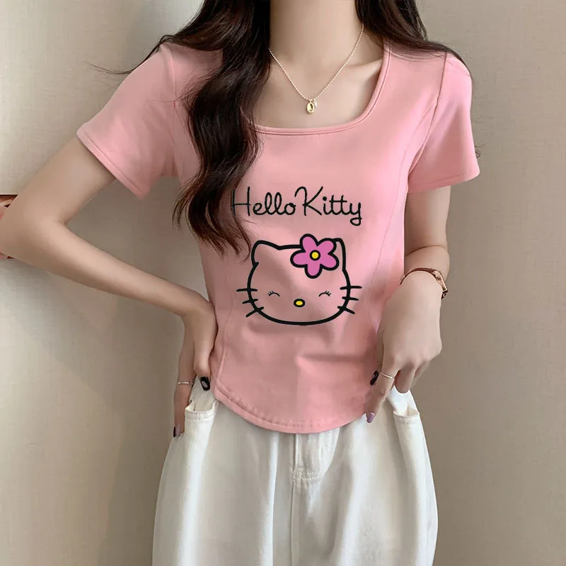 

Классная летняя Милая футболка Hello Kitty с коротким рукавом для девочек, Повседневная Мягкая футболка, куртка с мультяшным рисунком, детская одежда, подарок на день рождения