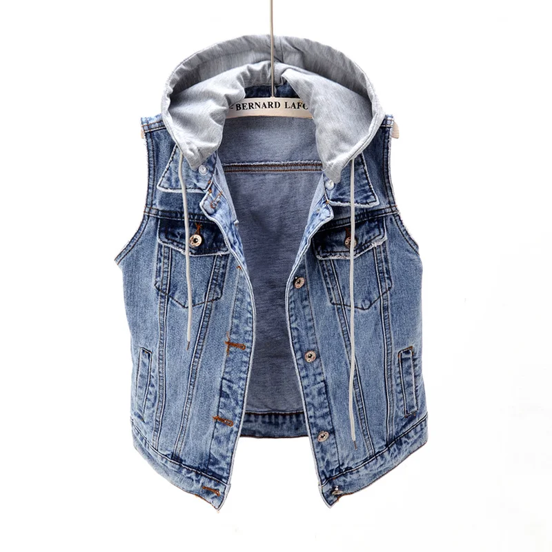 

Korean Vintage Blue Denim Vest Women Waistcoat Slim Short Cowboy Sleeveless Jacket Removable Hooded Pocket Jeans Vests Female