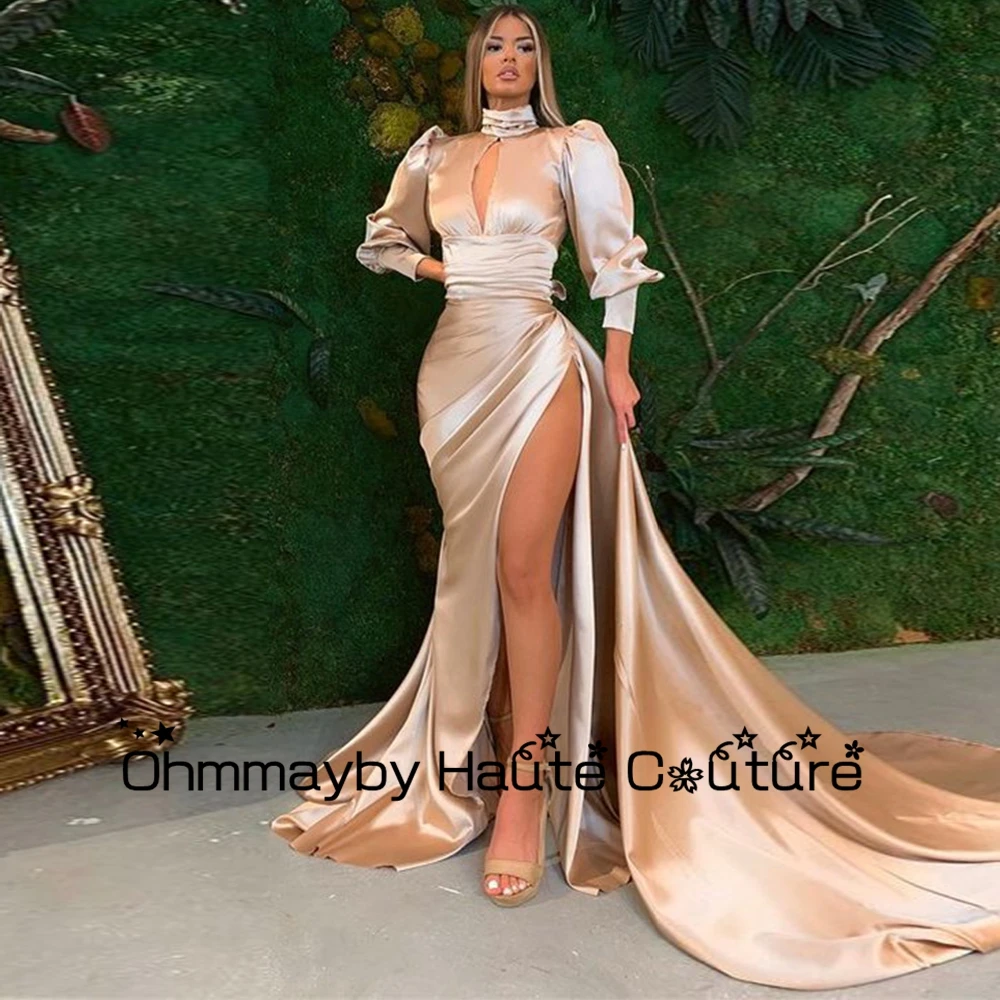 

Weilinsha Champagne Sweep Train High Neck Evening Dresses Full Sleeve Asymmetrical New Prom Gowns Summer Pleat Vestidos De Noche