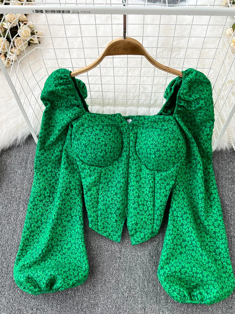 

Осенняя короткая блузка с цветочным рисунком, зеленая/красная/белая, винтажная приталенная рубашка с квадратным воротником и длинными рука...