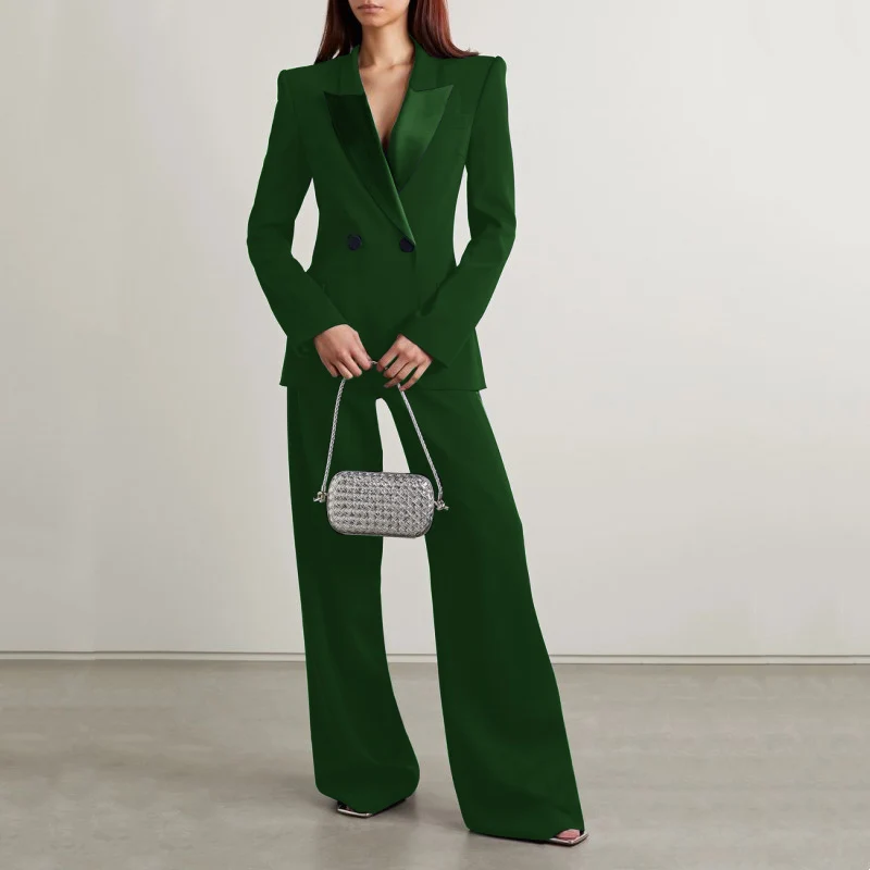 Women's 2-Piece Suit New Fashion Double Breasted Solid Color Slim Fit (Top + Pants) Casual and Floor Pants for Business Elegant