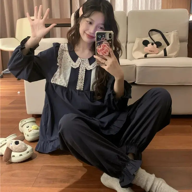 

Осенне-зимняя пижама из 100% хлопка, женская одежда для сна принцессы, штаны, пижамы, кружевная Милая Домашняя одежда с оборками и длинным рукавом S425