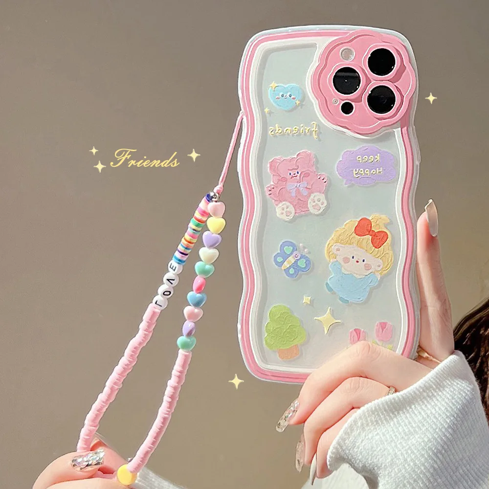 

Cute Cartoon Bear Bracelet Pendant Wave TPU Phone Case For Iphone 7 8 Plus XR X XS 11 12 13 Pro Max 8Plus 13Pro Bumper Cover
