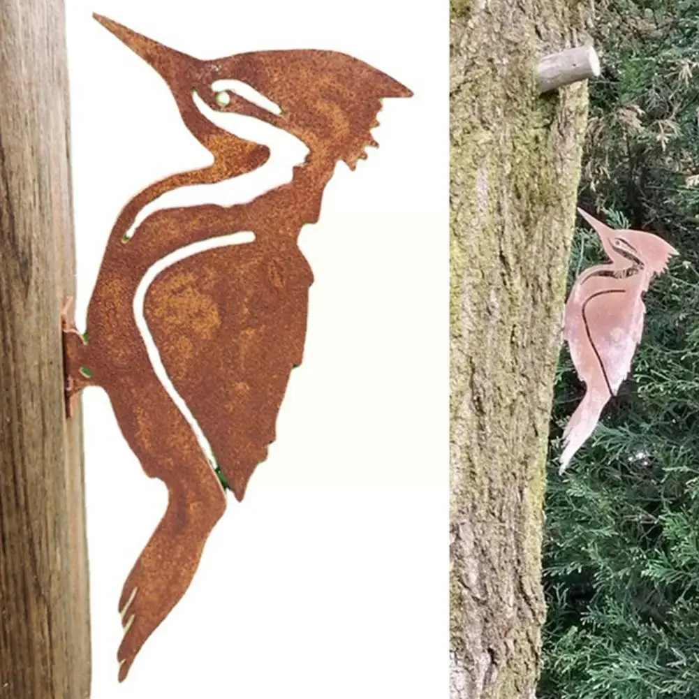 

Elegant Garden Stake Design Pileated Bird Rusty Metal Vintage Statues Silhouette Lawn Tree Yard Outdoor Insert Decoration C4A2