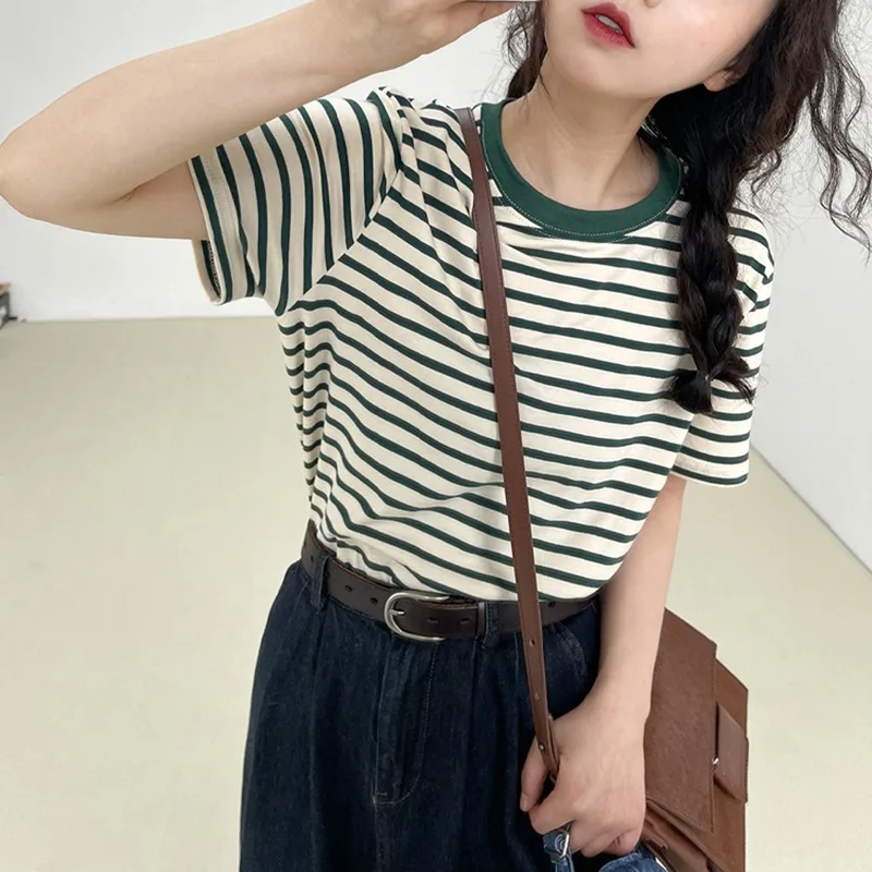 Cotton T Shirt Summer Clothes for Women Korean Fashion Short Sleeve Tees Vintage Stripe Tops Roupas Femininas Ropa Mujer Blouses