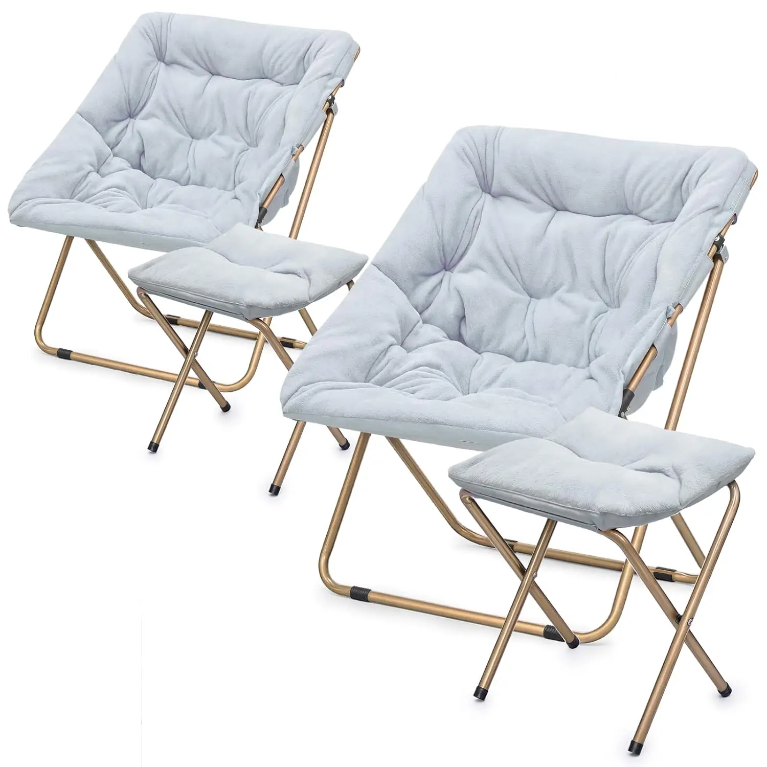 Фото #Comfy Oversize Folding Saucer Chair & Ottoman Set Faux Fur Metal Leg Bedroom Living Room Adult Black №2