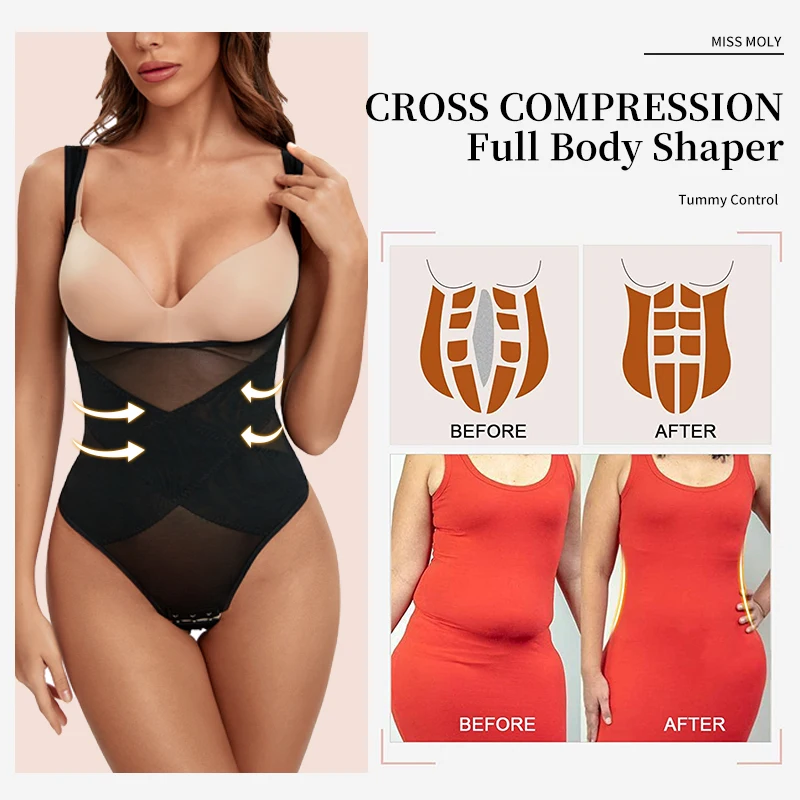 Sexy Mesh Thongs Bodysuit Shapewear Women Slimming Sheath Flat Belly Underwear Tummy Control Cross Compression Body Shapers XXXL