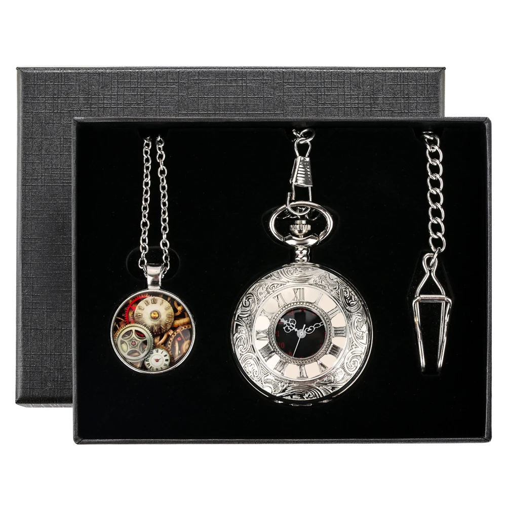 

Pocket Watch Sets Gearwheel Pendant Necklace Classic Roman Numerals Hollow Quartz Pocket Clock Antique Style Birthday Gifts