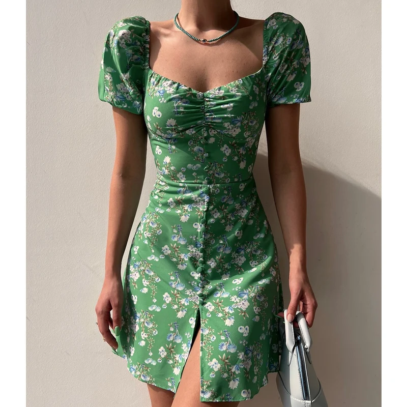 

Sexy Square Neck Slim Fit Floral Printed Puff-sleeved Short Dress Women Summer Fashion High-waist Ladies Dress Sukienki 26224