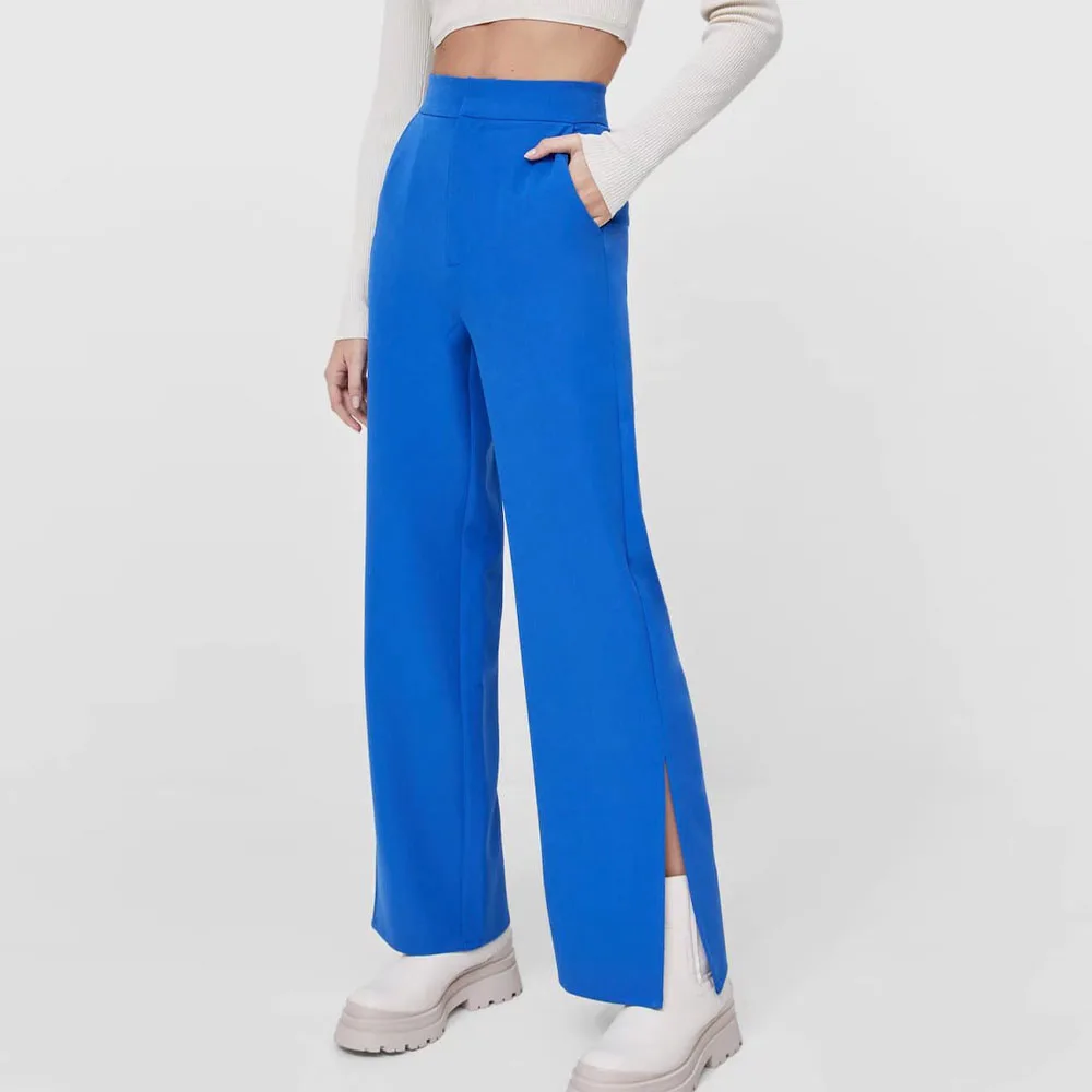 

2021 Spring and Autumn Chic Fashion Side Pocket Wide Leg Pants Retro High Waist Casual Loose Slit Pants Mujer