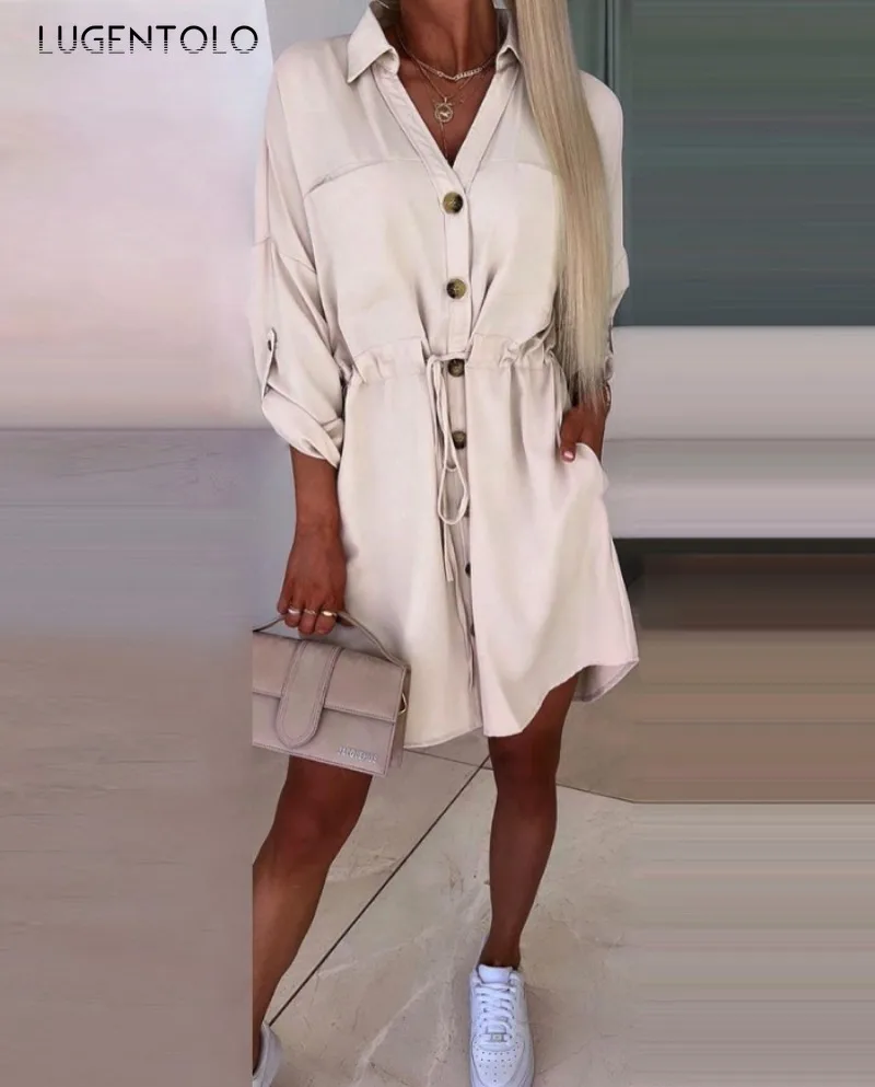 

Женская рубашка на шнуровке, однобортное платье с отворотом и карманами, новинка, Женский Повседневный пуловер с длинным рукавом, одежда для весны и осени