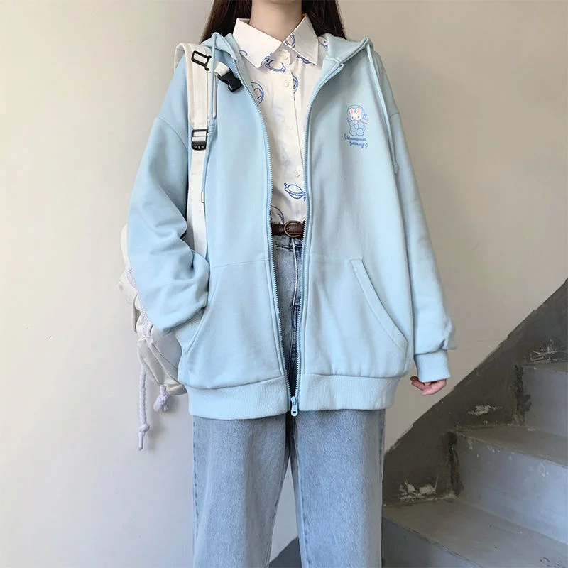 

Kawaii Cartoon Rabbit Print Zip Hoodie Sky Blue Loose Sweet Oversized Hoodie Japan Style Autumn Pocket Hooded Loose Jacket