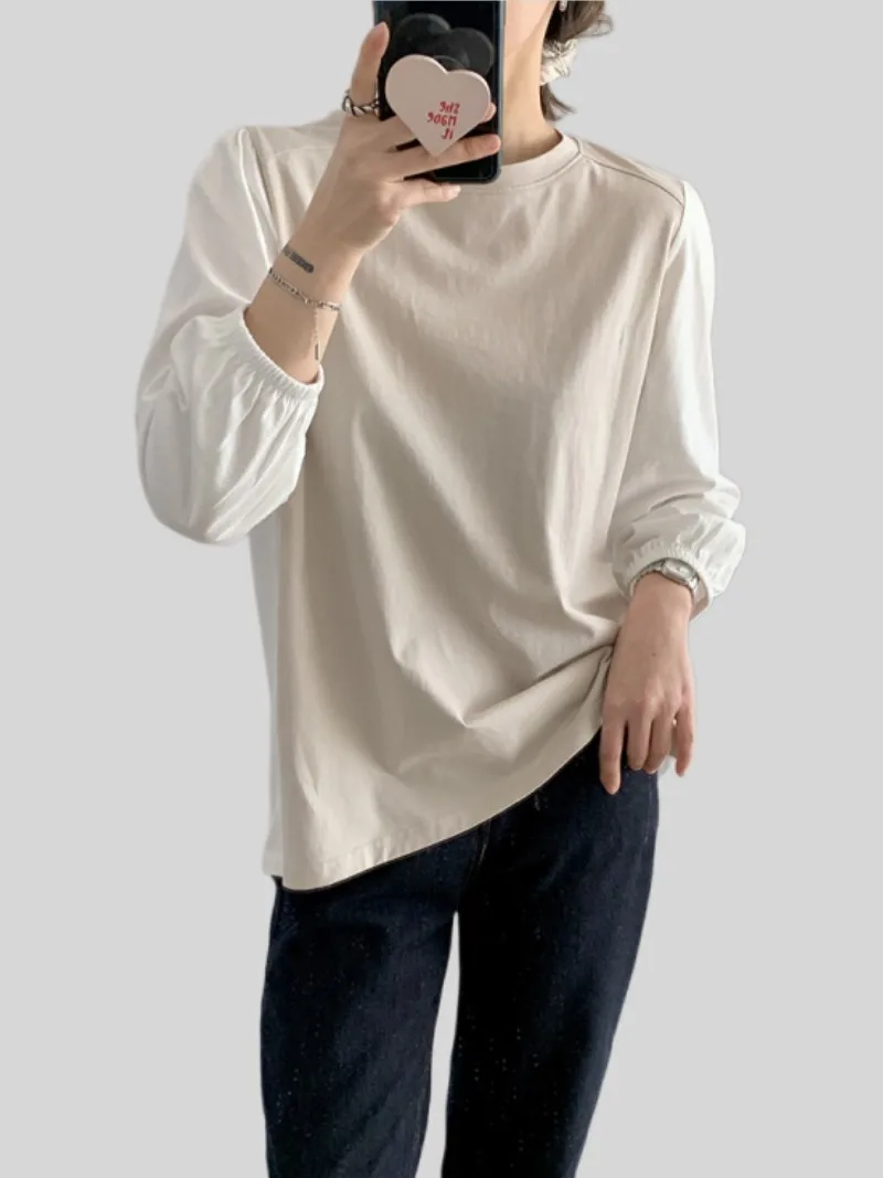 

Женская хлопковая блузка с круглым вырезом, свободная повседневная рубашка контрастных цветов с рукавом три четверти, 100% хлопок, весна-лето 2023
