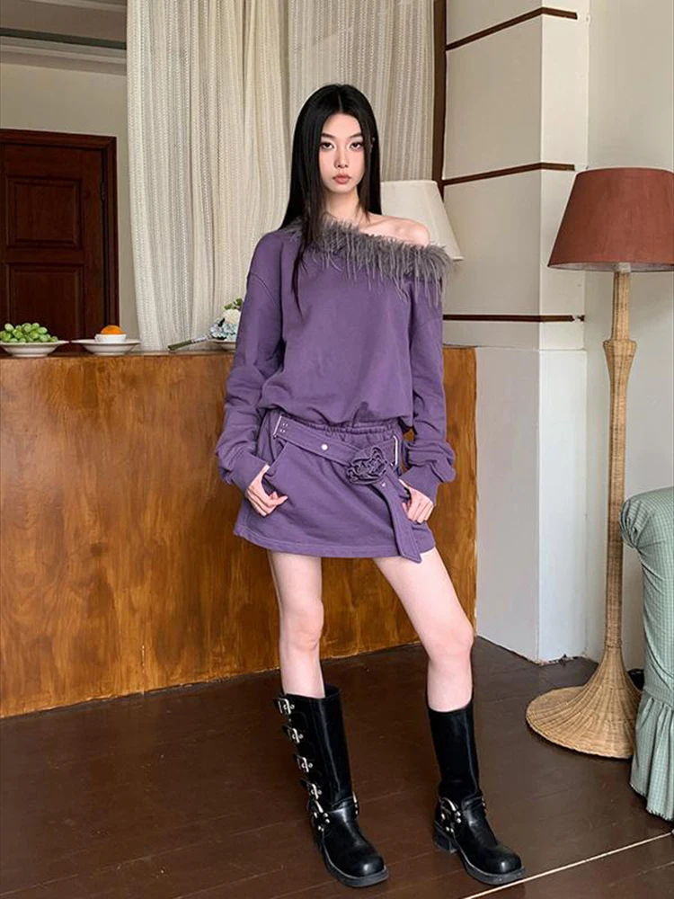 Платье-свитшот с открытыми плечами и меховым воротником платье 2025 года женское