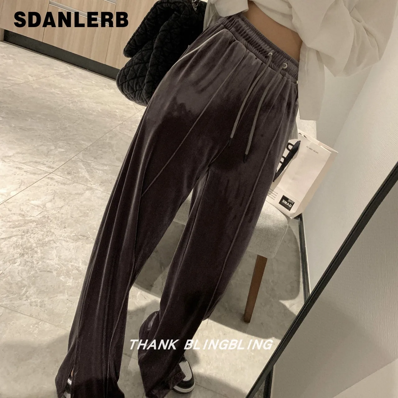 

Бархатные широкие брюки с разрезом, женские осенне-зимние свободные прямые повседневные брюки с высокой талией, 2022