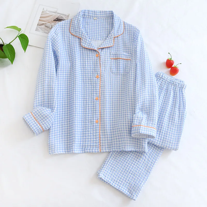 Crepe Plain Plaid Pajamas Women Set Home Service Simple Long-sleeved Trousers Suit Can Be Worn Outside Washed Cotton Large Size