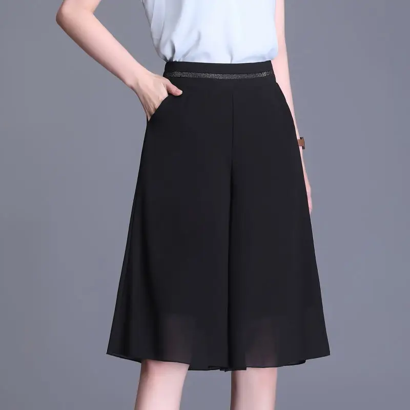 Elastic High Waist Slim Elegant Chiffon Capris Female Shorts Skirts Women Summer Wide Leg Medium Long Leisure Loose Trousers W41