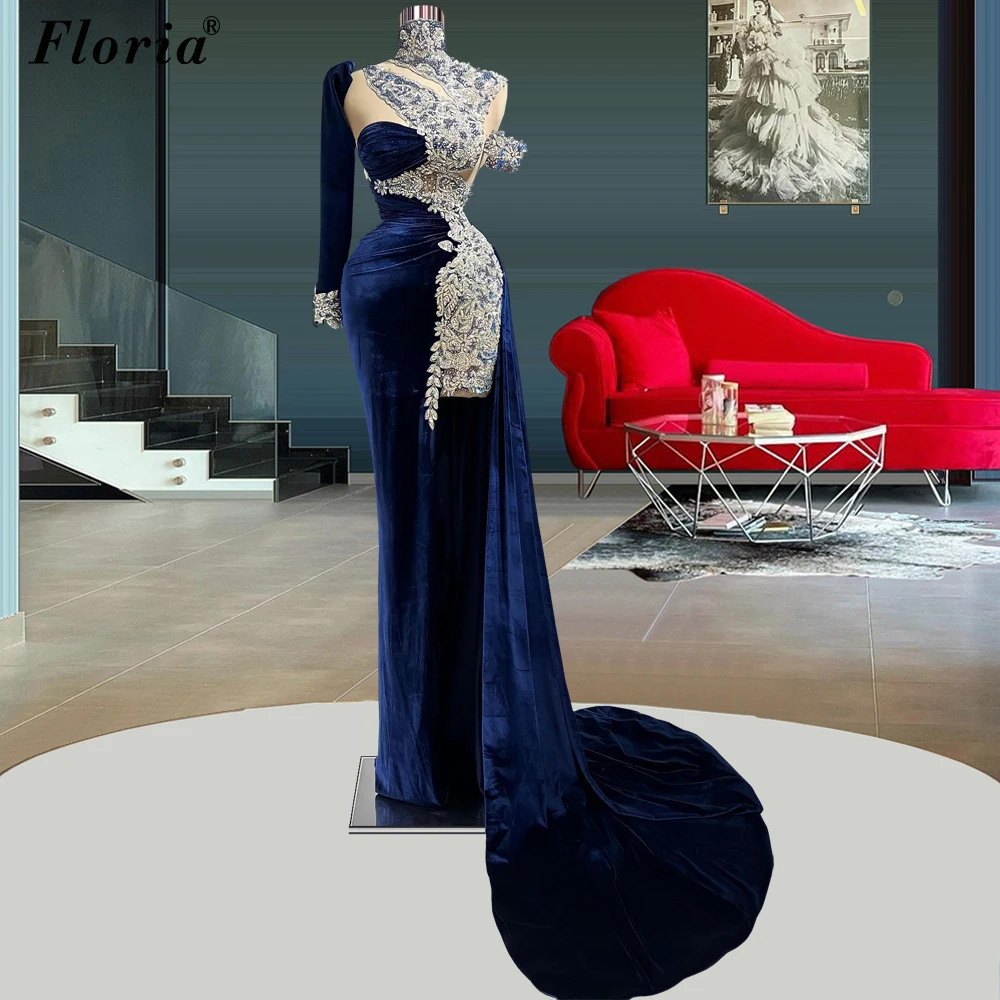 

2023 Vintage Navy Blue Celebrity Dresses For Women Dubai One Shoulder Evening Dresses With Appliques Party Vestidos De Mujer