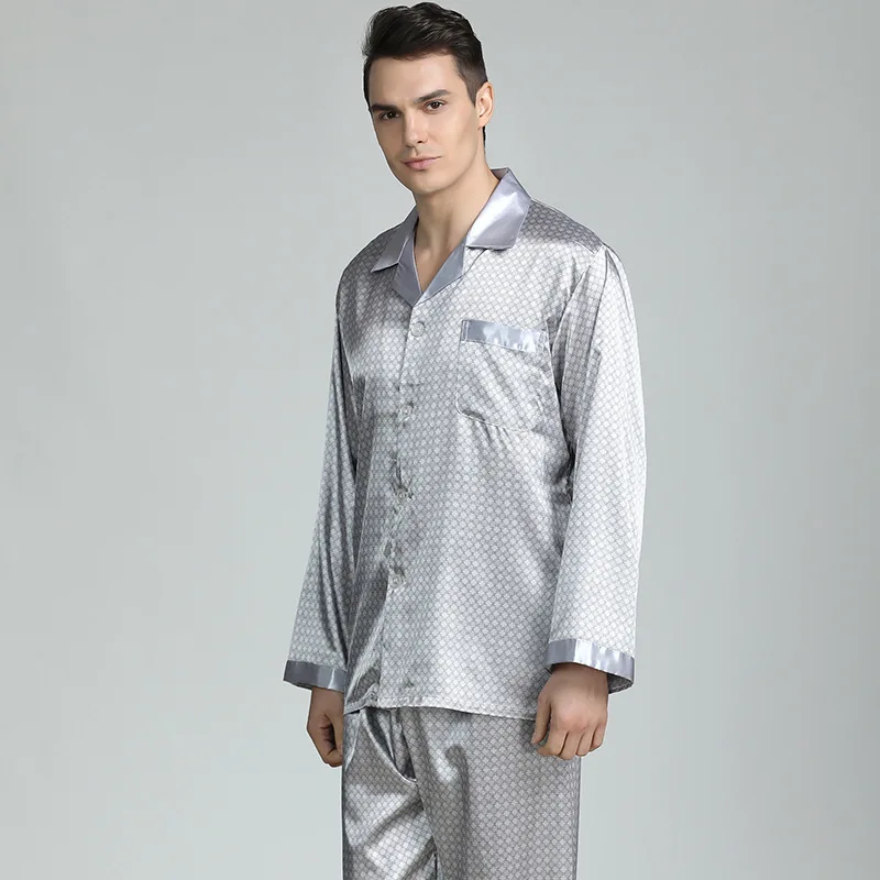 Men's printed silk pajamas spring summer long sleeve suit large home clothes mens pajamas men sleepwear