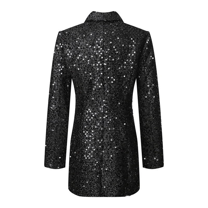 High Quality Fashion Designer Blazer Women Double Lion Buttons Shawl Collar Glitter Sequined Long Runway Black Blazers