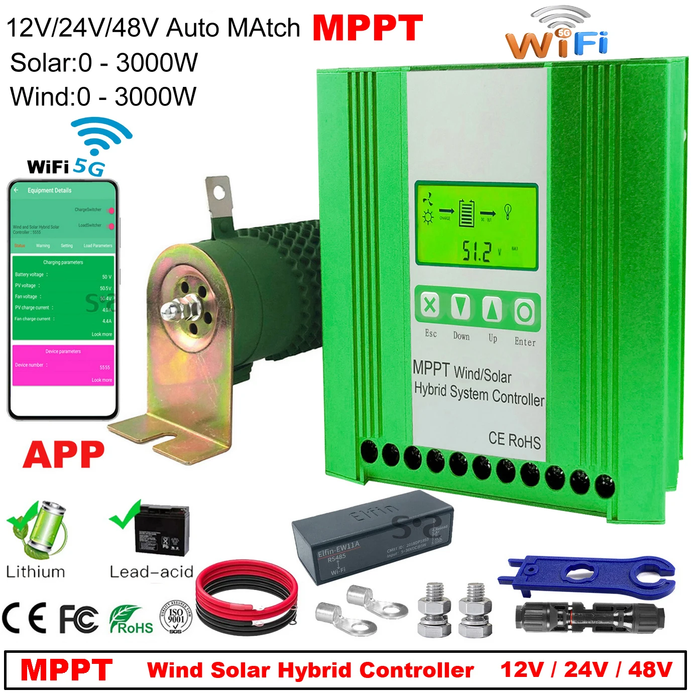 

5000W MPPT Hybrid Solar Wind Charge Controller 12V 24V 48V PV Wind Turbine WIFI Regulator For Lifepo4 Lithium Lead Acid Battery