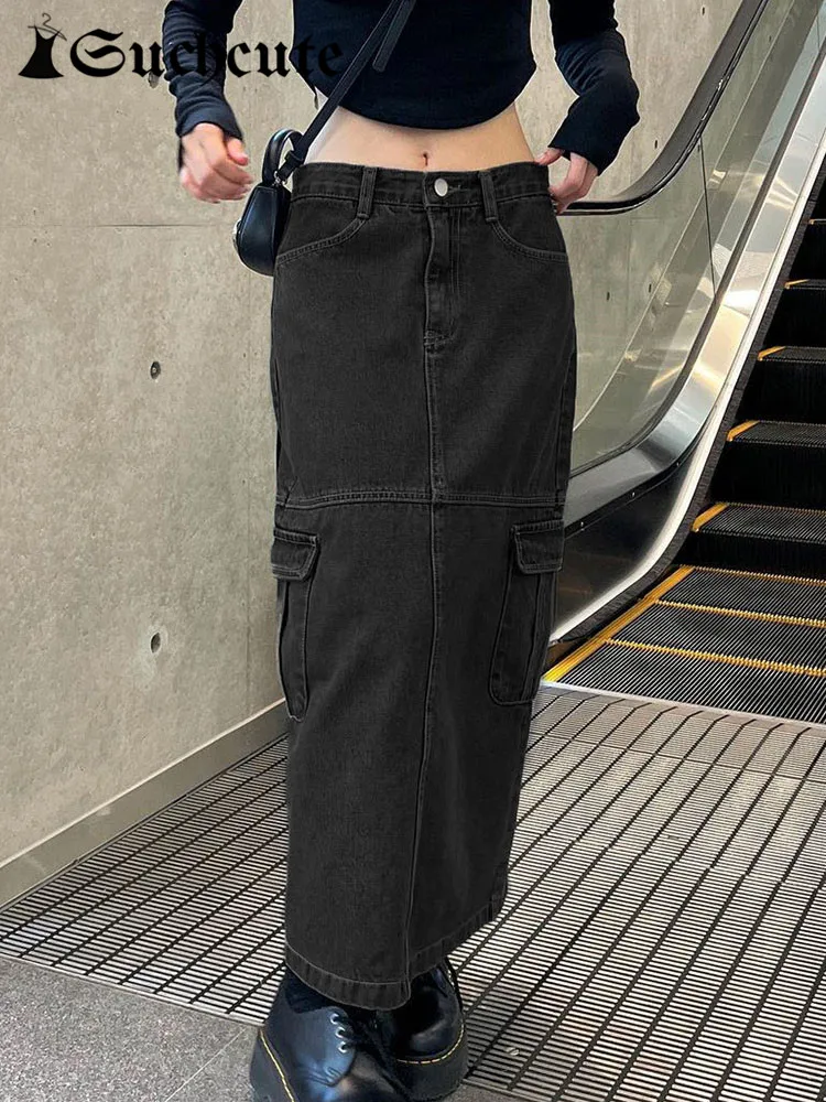 

SUCHCUTE Harajuku Stitch Denim Maxi Skirts Vintage Gothic Solid Streetwear Black Skirts Women y2k Low Waist Cargo Clothes Grunge