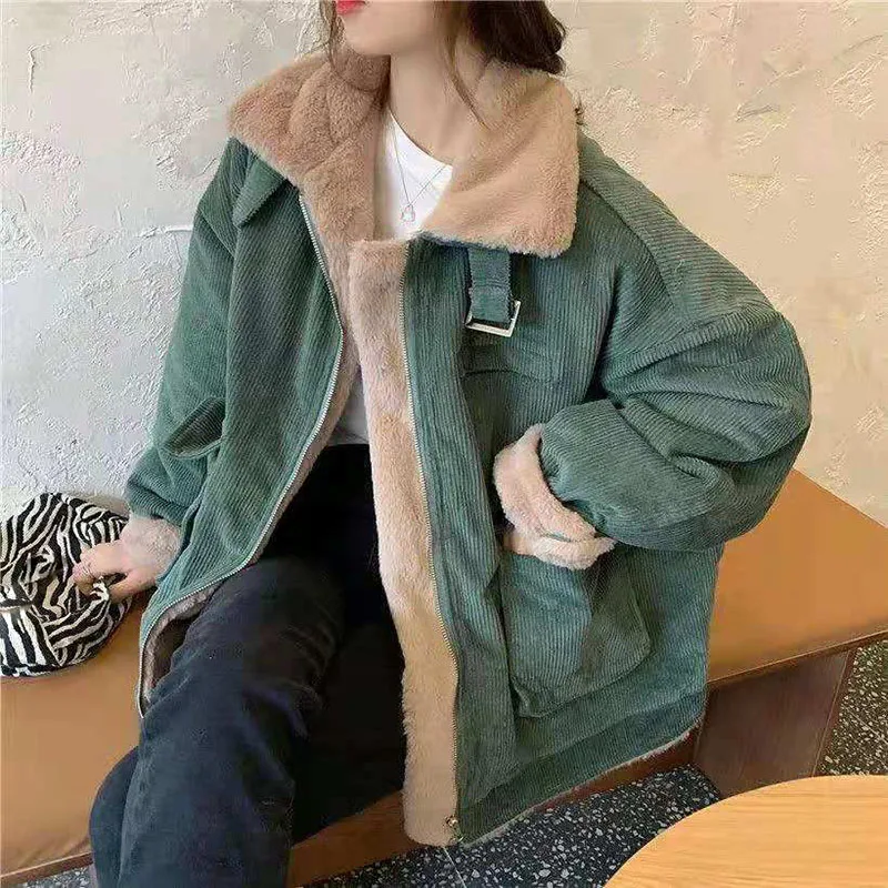 Thicken Women's Winter Jacket Korean Loose All-match Corduroy Coat for Women Oversize Casual Zipper Warm Plush Overcoat 2022 New