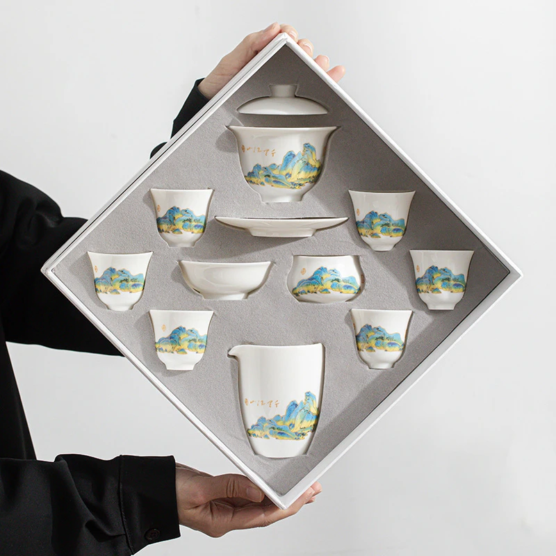 

White Suet Jade Porcelain Tea Set Kung Fu Tea Ceramic Teaware Gaiwan Cup Teapot Trays Tea Ceremony Utensils