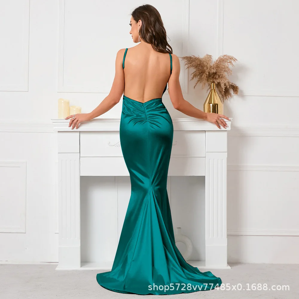 Romans Spaghetti Strap V Neck Trumpt Women Evening Dress Sexy Backless Mermaid Floor Length Party Dress SMRS22042820