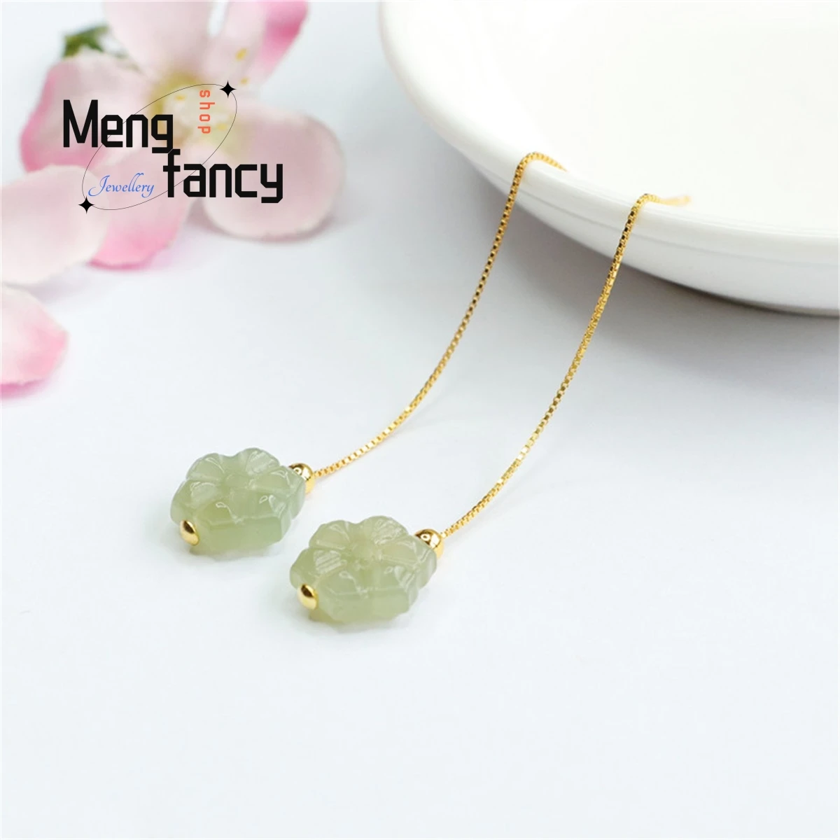 

Natural S925 Silver Inlaid Hotan Jade Small Flower Six Petal Ear Line Earring Elegant Luxurious Fashion Versatile Charm Jewelry