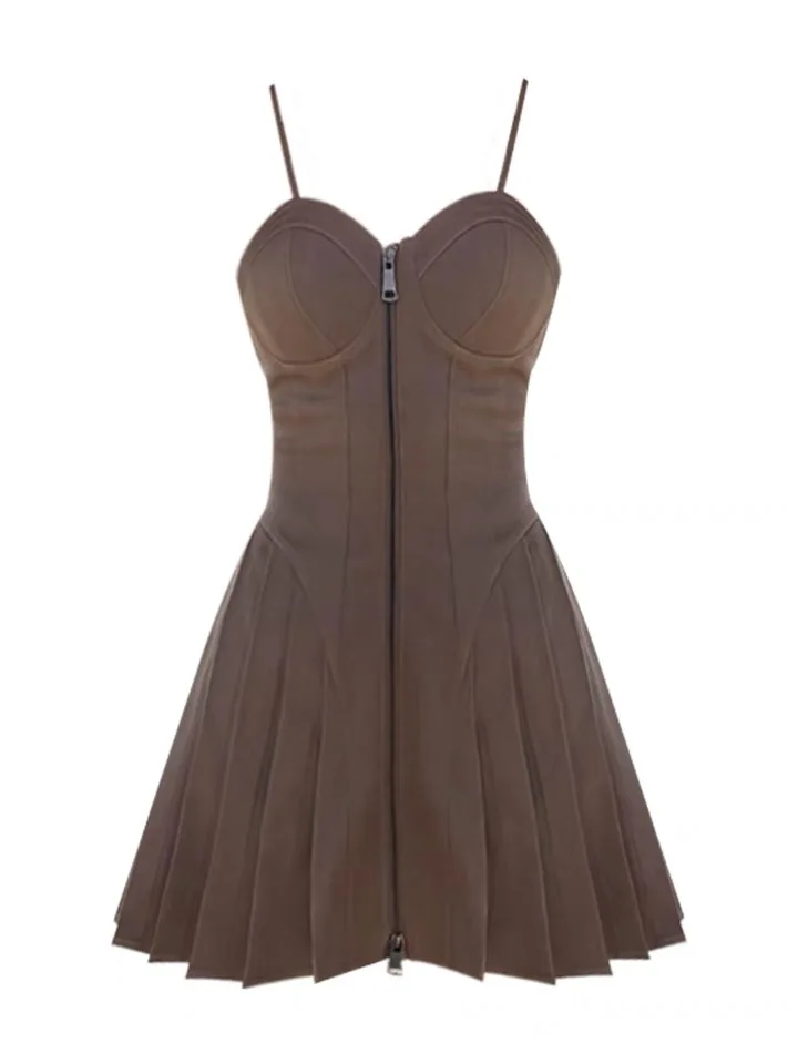 

Mini Dress Women Sexy Sleeveless Solid Slim Party V-neck Spaghetti Strap Dresses Fashion Vintage Zipper A-line Vestidos Female