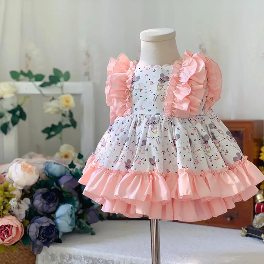 

12M-6T Baby Girl Spanish Royal Dresses Toddler Boutique Clothes Bow Cartoon Print Design Infant Birthday Lolita Ball Gown A1012