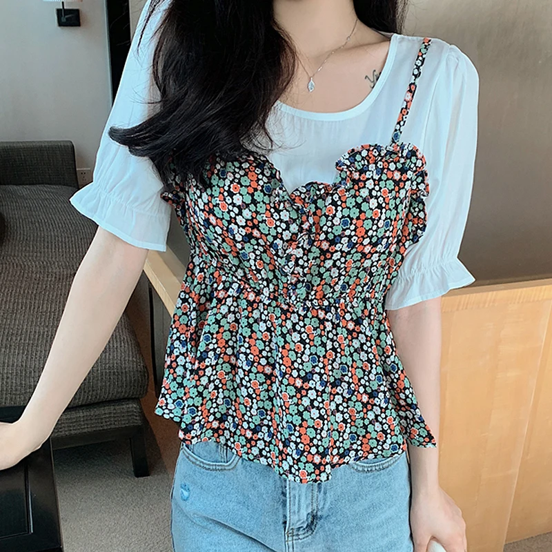 

BETHQUENOY Camisas De Mujer Bluzka Damska Faux Two Piece Vintage Print Blouses Tops Chemise Femme Ruffle Hem Chiffon Blouse Top