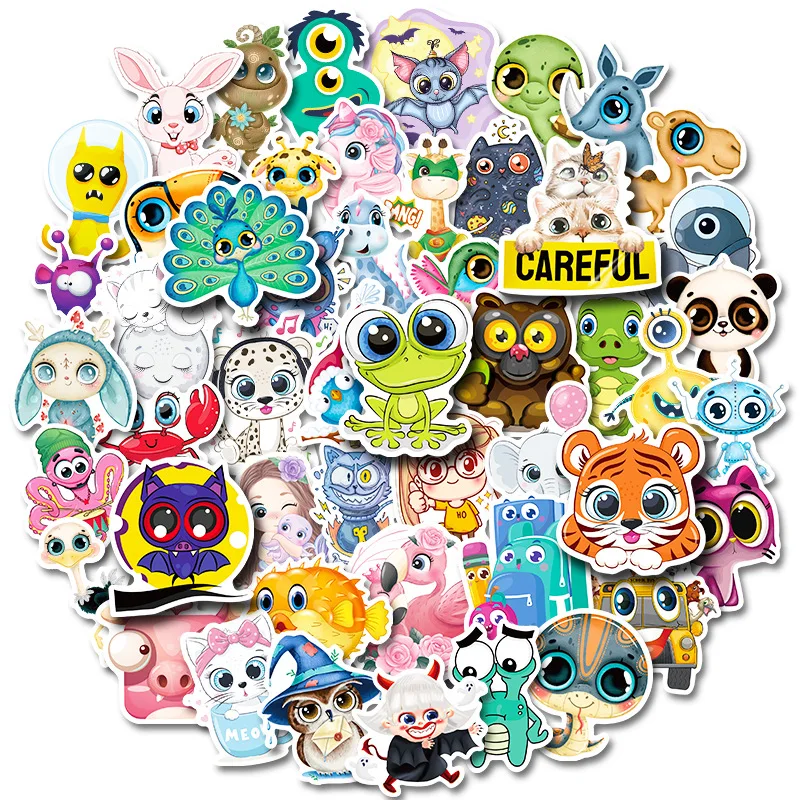 50pcs Cute Cartoon Big Eyes Animal Daquan Head Portrait Children Stationery Skateboard Water Cup Sticker