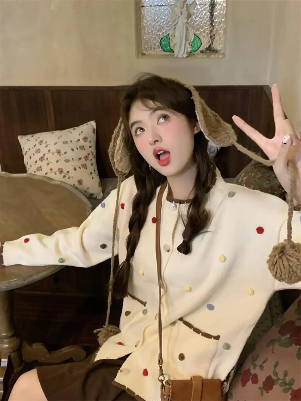 Fan Wenwen милый воскресный серый контрастный цветной кружевной вязаный кардиган