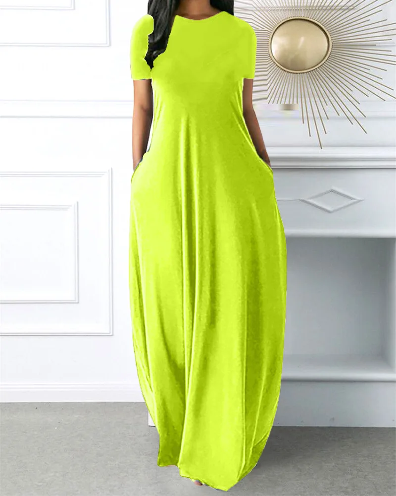 Short Sleeve Pocket Detail Casual Dress Women High Waist Loose Long Maxi Dress Spring Summer O Neck