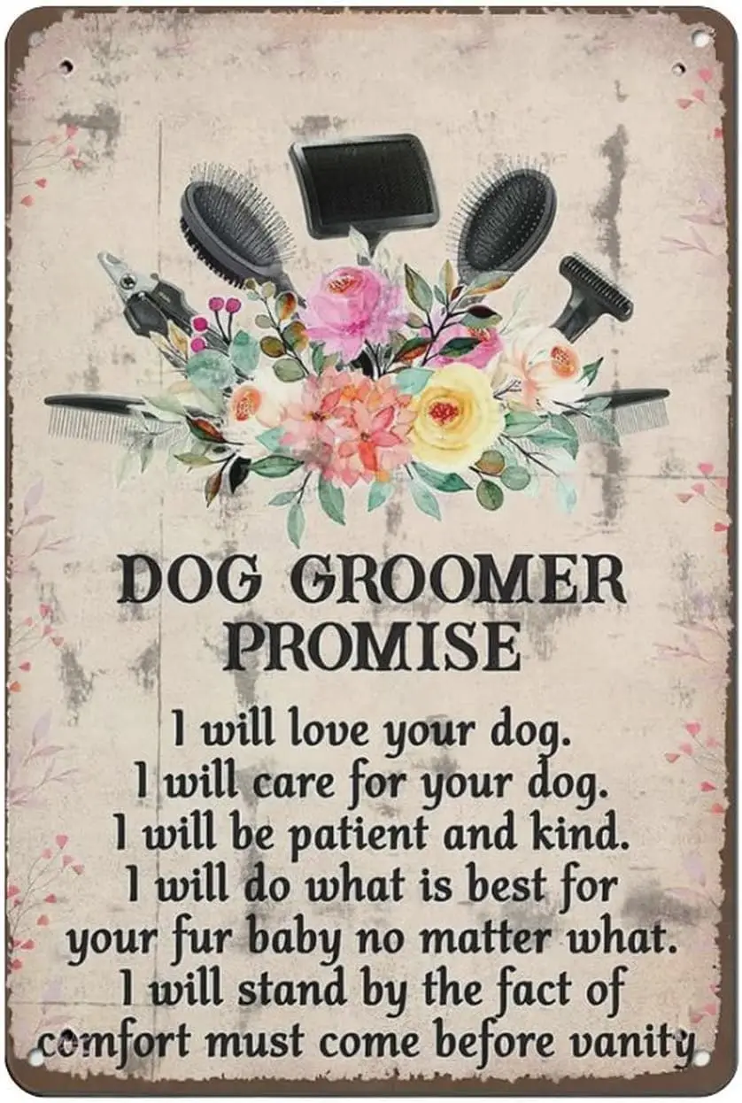 Vntge Funny Metl Tn Dog Groomer Sgn Hr Slon Decor Groomng Sp Mom Gft Decortve Ccessores Home Wll Hngngngs