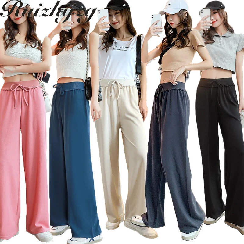 

Ruizhijzg 40-70KG Wide Leg Long Pants Women High Elastic Waist Loose Casual Thin Ladies Office Work Straight Cut Summer Ice Silk