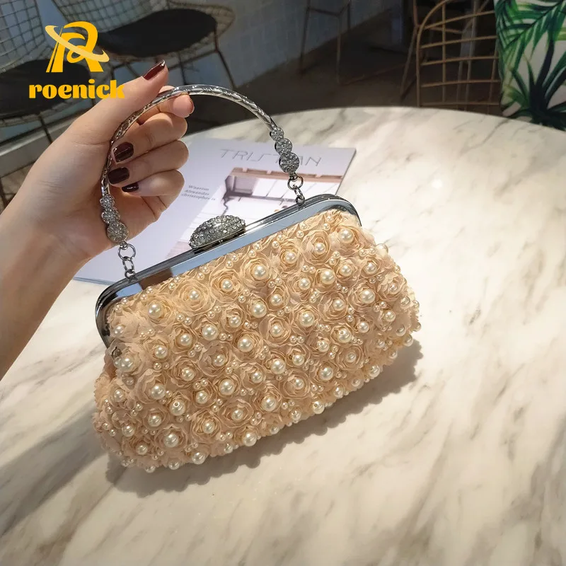 

ROENICK Women Beaded Floral Lace Pearl Evening Bags Vintage Shoulder Crossbody Day Clutch with Handle Rose Handbags and Purses