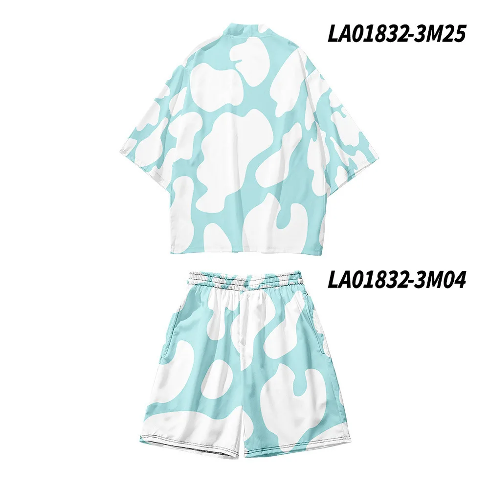 Spring Summer Men Kimono Robe Sets 2PCS Rayon Print Pajamas Casual Loose Tao Robe Shorts Overalls Suit Lingerie Home Clothes