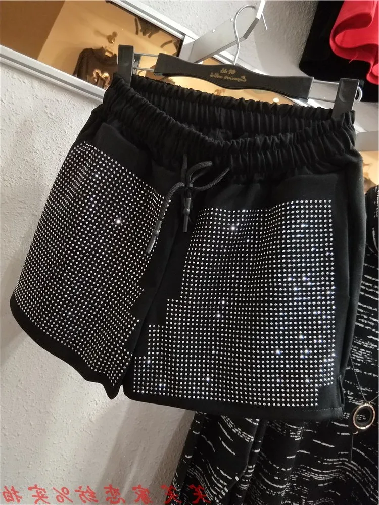 2023 Spring Summer Shorts Women Elastic Waist Rhinestone Hot Diamond Wide Leg Shorts Loose Slimming Lace-up Black Casual Shorts