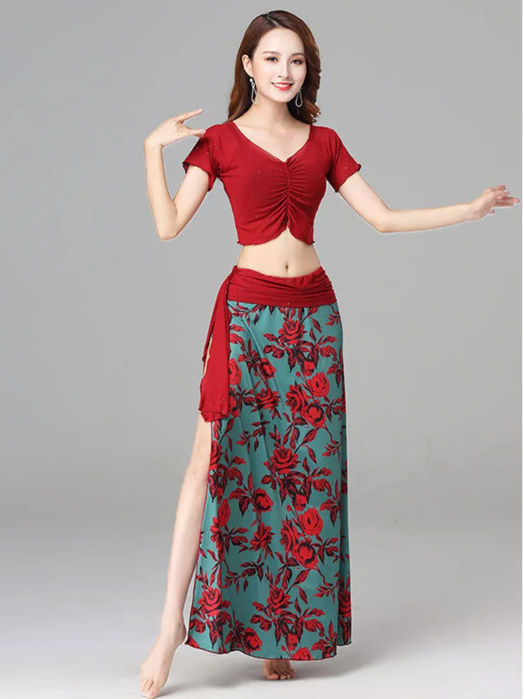 

Elegant Pole Dance Ballet Leotard Ballroom Tops Skirts 2pcs Suit Classical Practice Printing Modern Luxury Woman Clothes