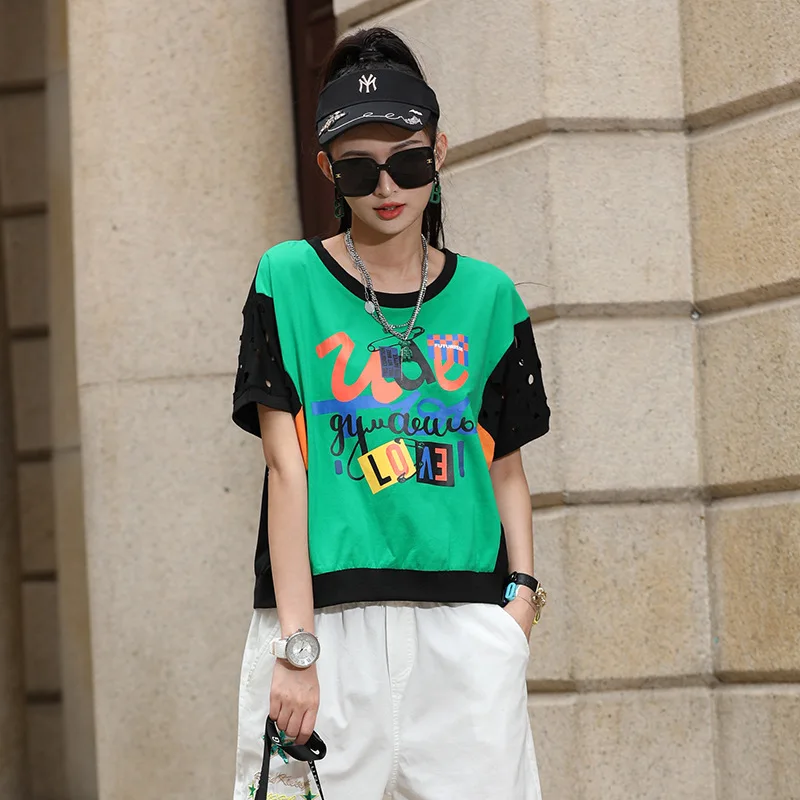 

Large size women's green short sleeve T-shirt female 2023 summer new color patchwork top