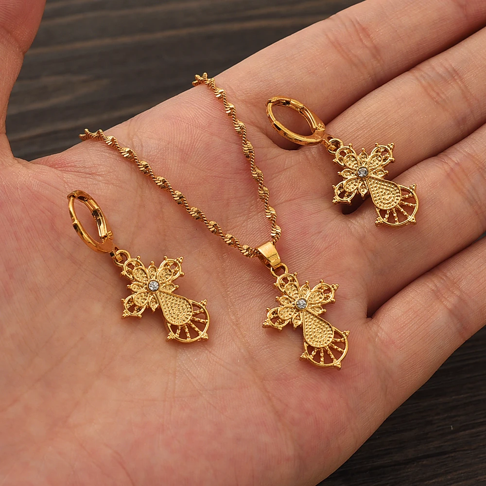 

Fashion Cute Cross Jewelry Gold Girl Brida Jewelry Set for Women Necklace Earrings Set Party Accessories Dubai India Africa Gift