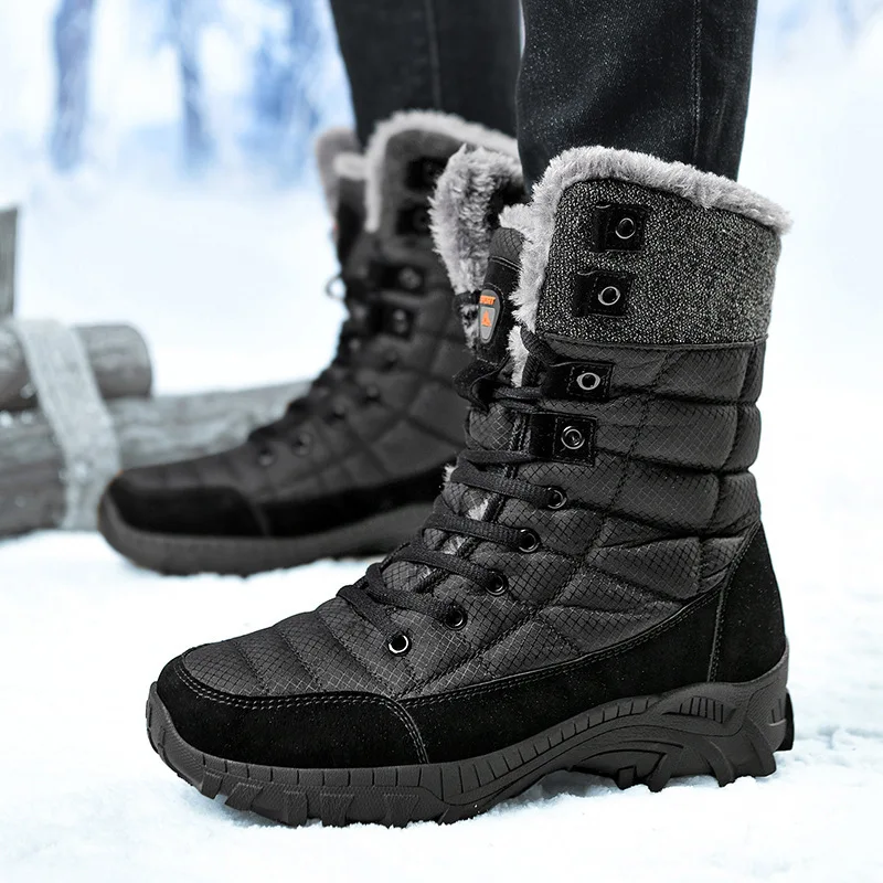

Plus Size 38-48 Super Warm Men's Winter Boots Outdoor Hiking Mid Calf Male Boots High Quality Waterproof Man Cotton Shoes Black
