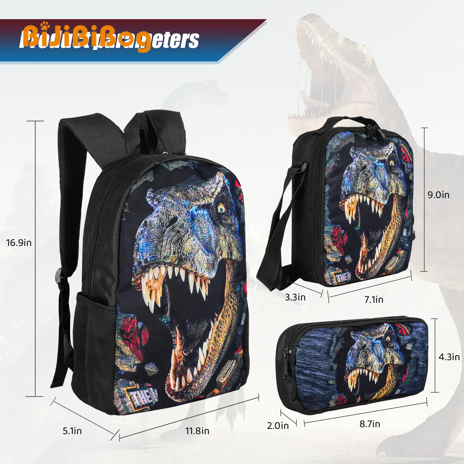 3 Pcs School Bag Set with Thermal Insulated Lunch Bag Pencil Bag Dinosaur Printed Boys Backpacks