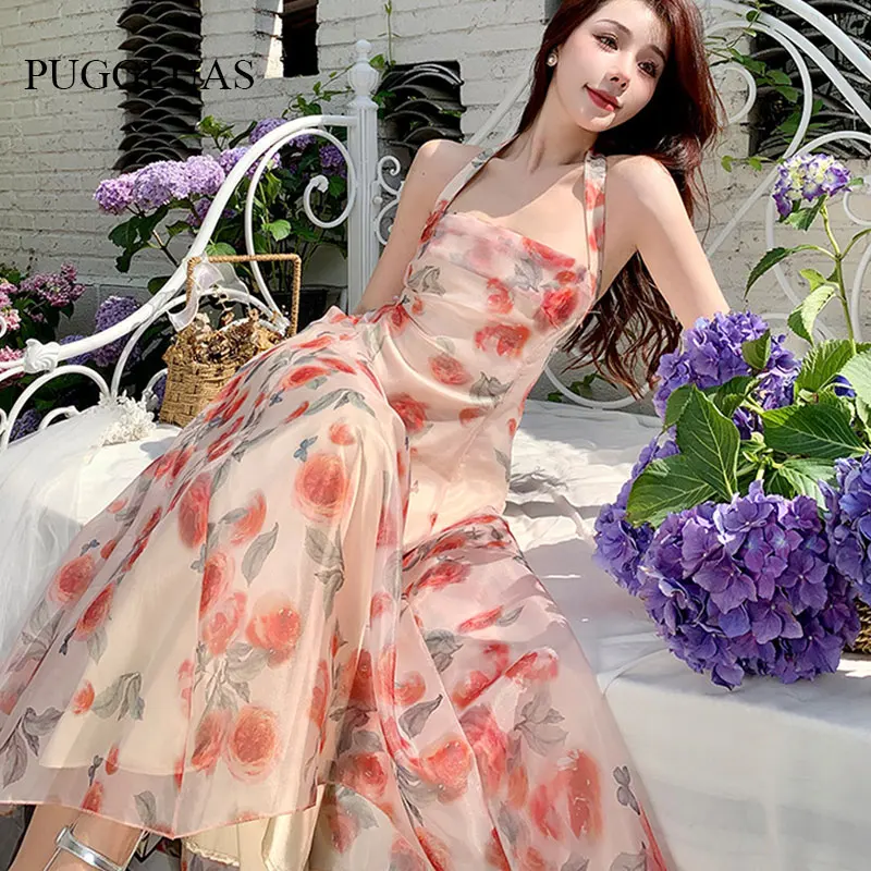 

Summer Spaghetti Strap Floral Dress Sexy Backless Bandage Midi Dress Fashion Sleeveless Party Club Strappy A Line Long Dresses