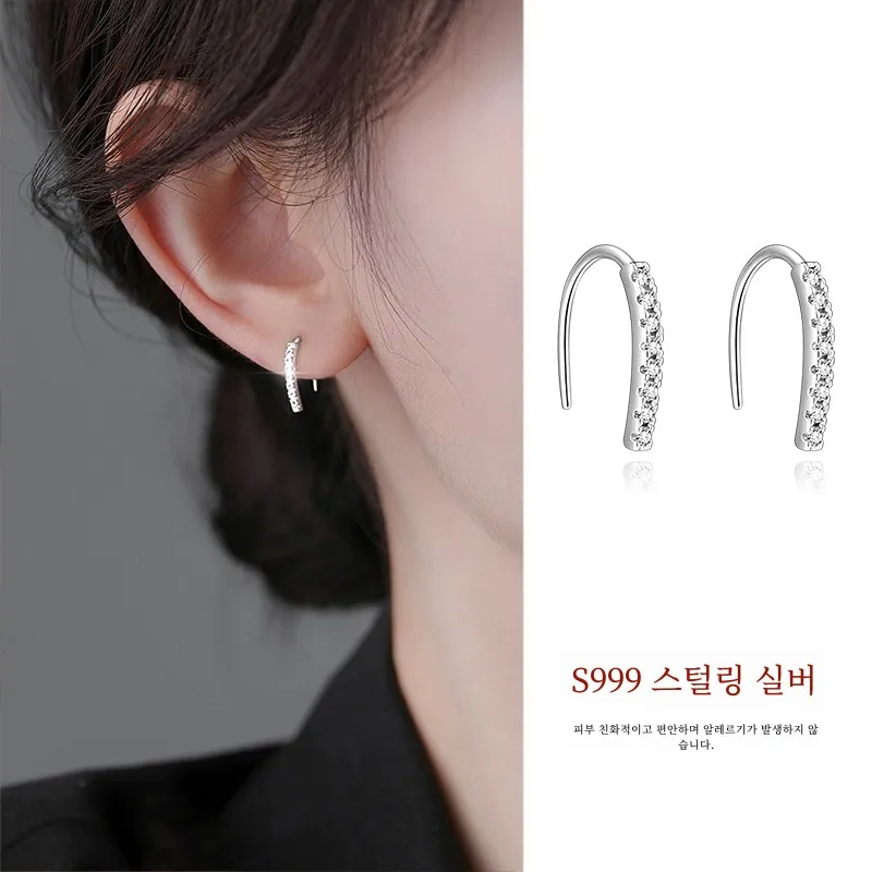 999 Sterling Silver Super Shiny Ear Hook Women Light Luxury High-Grade Hanging Earrings Piercing Studs Popular Al...
