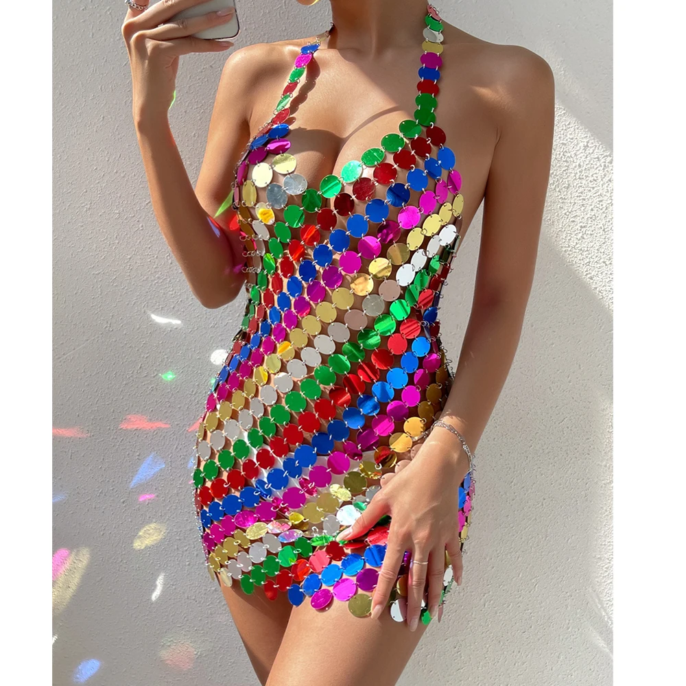 IngeSight.Z Women Acrylic Rainbow Disc Sequins Body Chain Dress Sexy Hollow Out Sequins Nightclub Party Halloween Bra Skirt